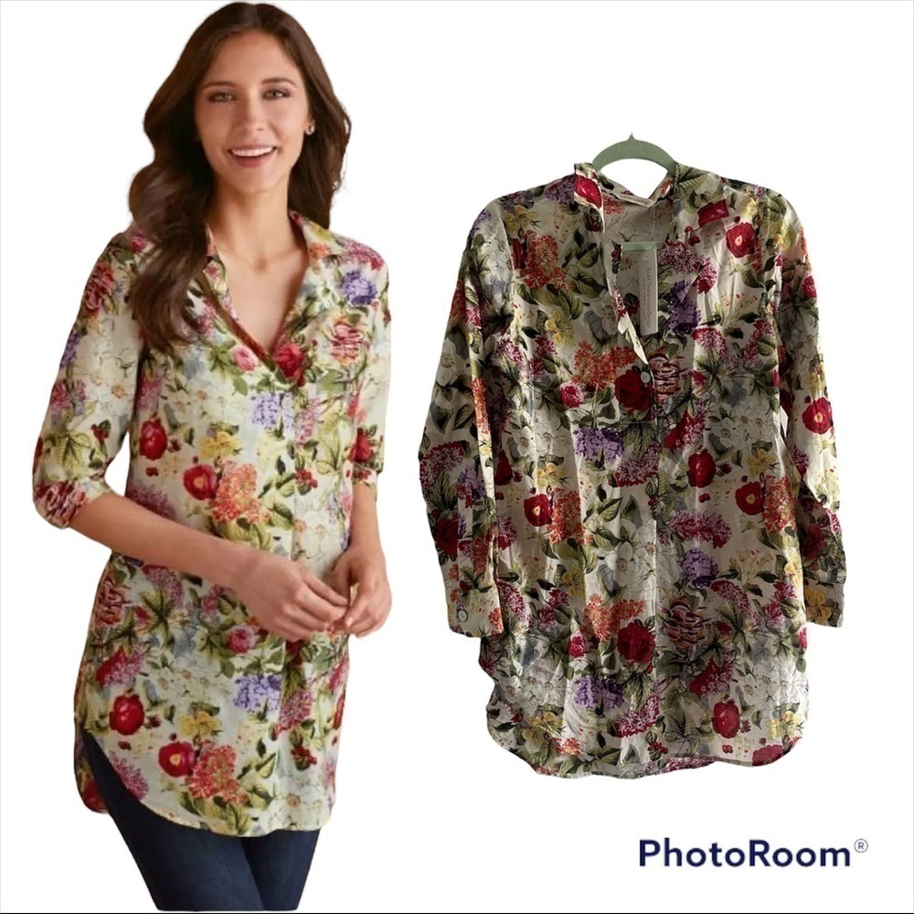 NEW‎ Soft Surroundings Silk Blend Botanical Floral Blouse Size Small MSRP $89